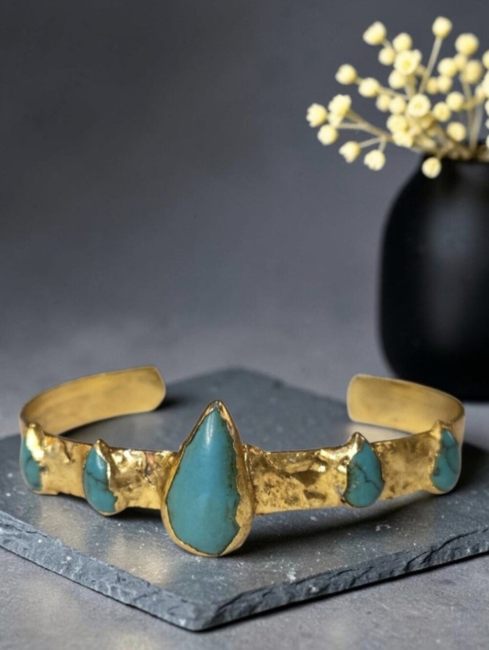 19k Matte Gold Plated Hammered Genuine Teardrop Turquoise Thin Cuff Bracelet